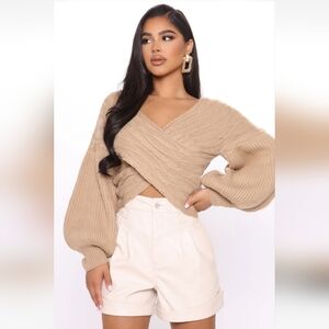 NEW 'Keep It Chic' Cable Knit Crossover Off The Shoulder Sweater In Taupe, Sz M
